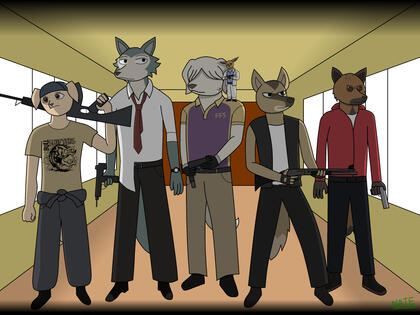 Legoshi and his roommates (from Beastars) dressed as Left 4 Dead characters.