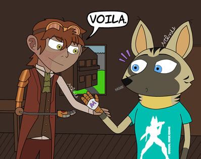 Artwork for Art Fight 2022, ft. my character Minerva and CornfieldCryptid's Scrapwork.