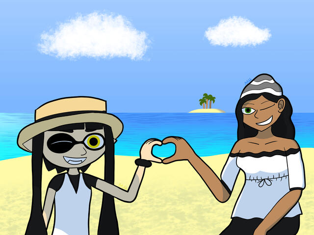 Gift art for a friend, ft. her character Esme (right), and Esme from when she was my Splatoon fan-character (left).