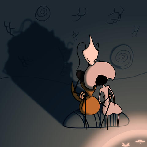 Hollow Knight: Silksong fanart ft. Lace resting on Shakra, as a lamp casts a shadow behind them that's shaped like a younger Shakra resting on her mentor.