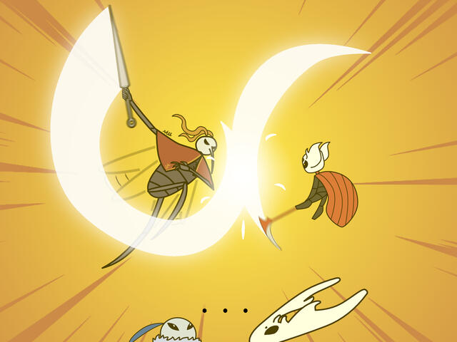 Artwork for Art Fight 2024, ft. my Hollow Knight character Sleipnir fighting MarshaMallow's [Lua](https://artfight.net/character/2720972.lua).